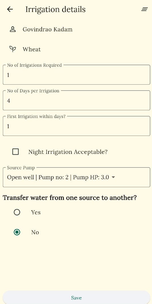 Irrigation details interface